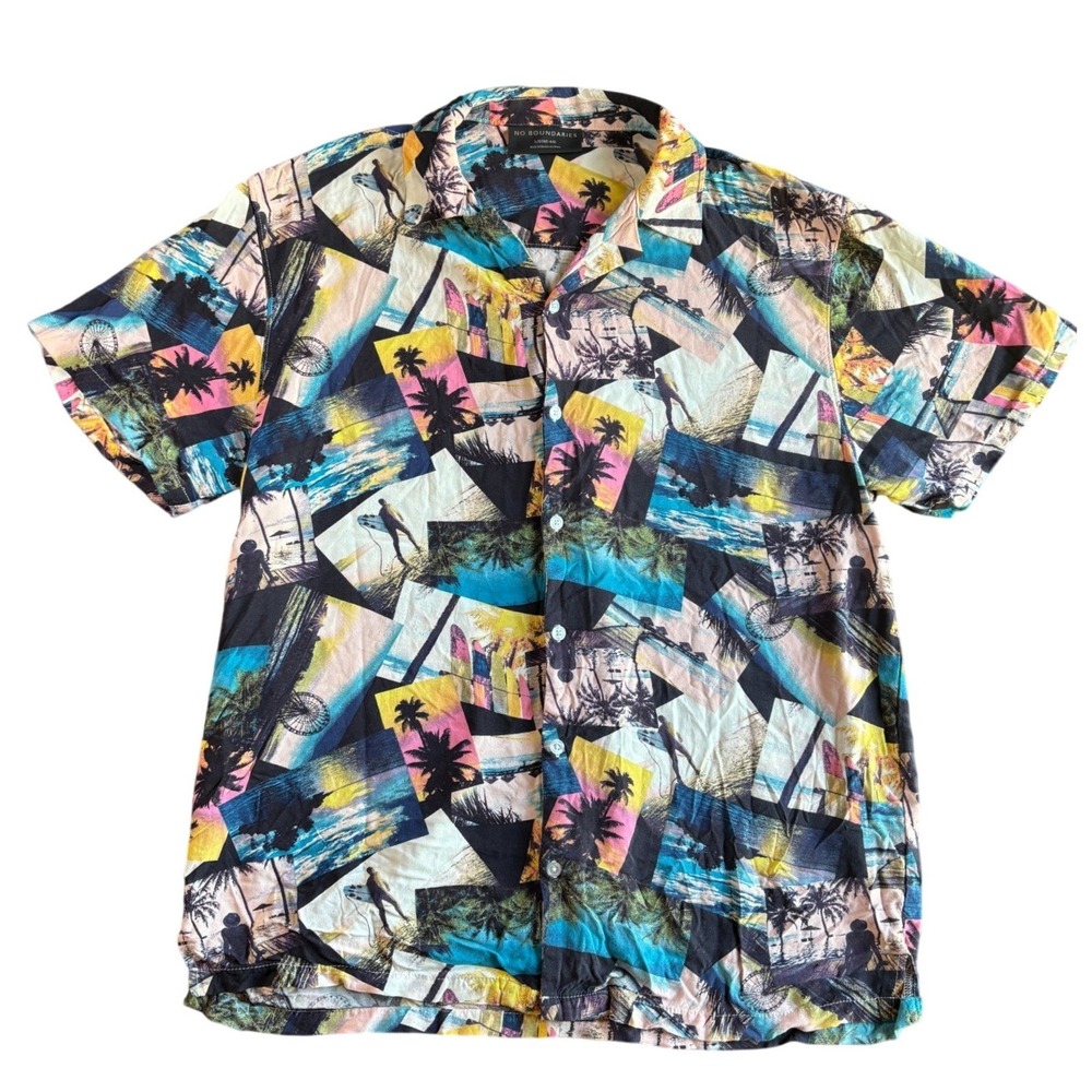 No Boundaries Mens Large‎ Tropical Palm Tree Surfboard Hawaiian Shirt